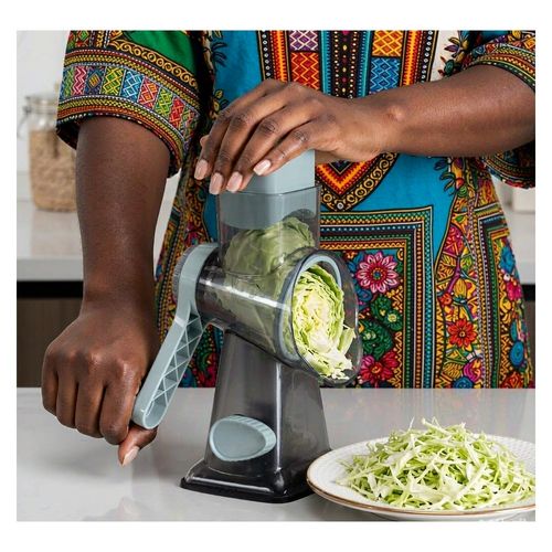 3-in-1 Manual Rotary Grater & Slicer — Hand Crank Vegetable Shredder with 3 Stainless Steel Drums & Suction Base for Salads, Coleslaw, Shito & Jollof Prep — No Power Needed, Transparent Blue