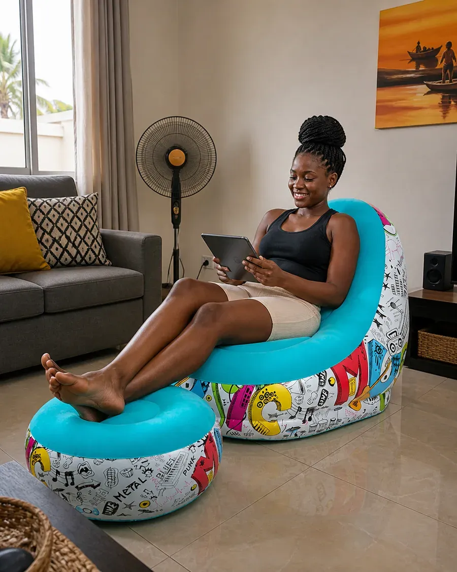 Flocked Inflatable Lazy Sofa Set With Footstool,195KG High Load Ergonomic Sit & Lie PVC Sofa For Camping Backyard Leisure Multi‑Colors