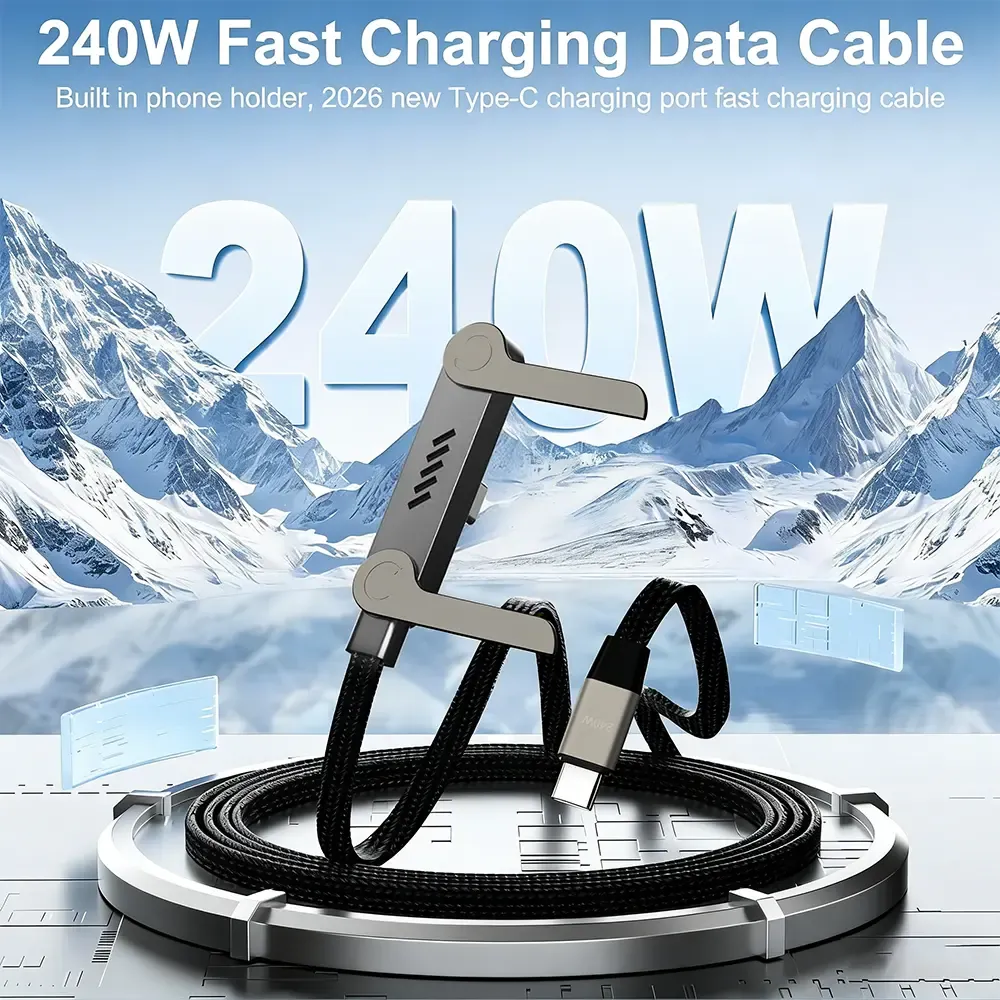 2-in-1 240W Type-C to Type-C Fast Charging Cable, 360° Rotatable Foldable Stand, Data Sync, Nylon Braided Charger Cord for Phone, Laptop and Tablet