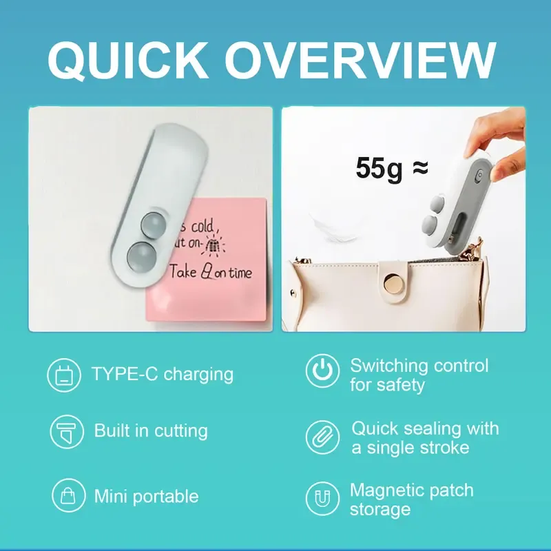 Rechargeable 2-in-1 Mini Bag Sealer & Cutter, Portable Magnetic Heat Sealer Machine, Plastic Snack Chip Bag Sealer for Food Freshness, Household Kitchen Gadget