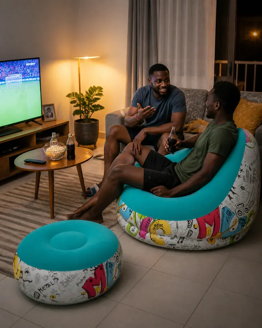 Flocked Inflatable Lazy Sofa Set With Footstool,195KG High Load Ergonomic Sit & Lie PVC Sofa For Camping Backyard Leisure Multi‑Colors