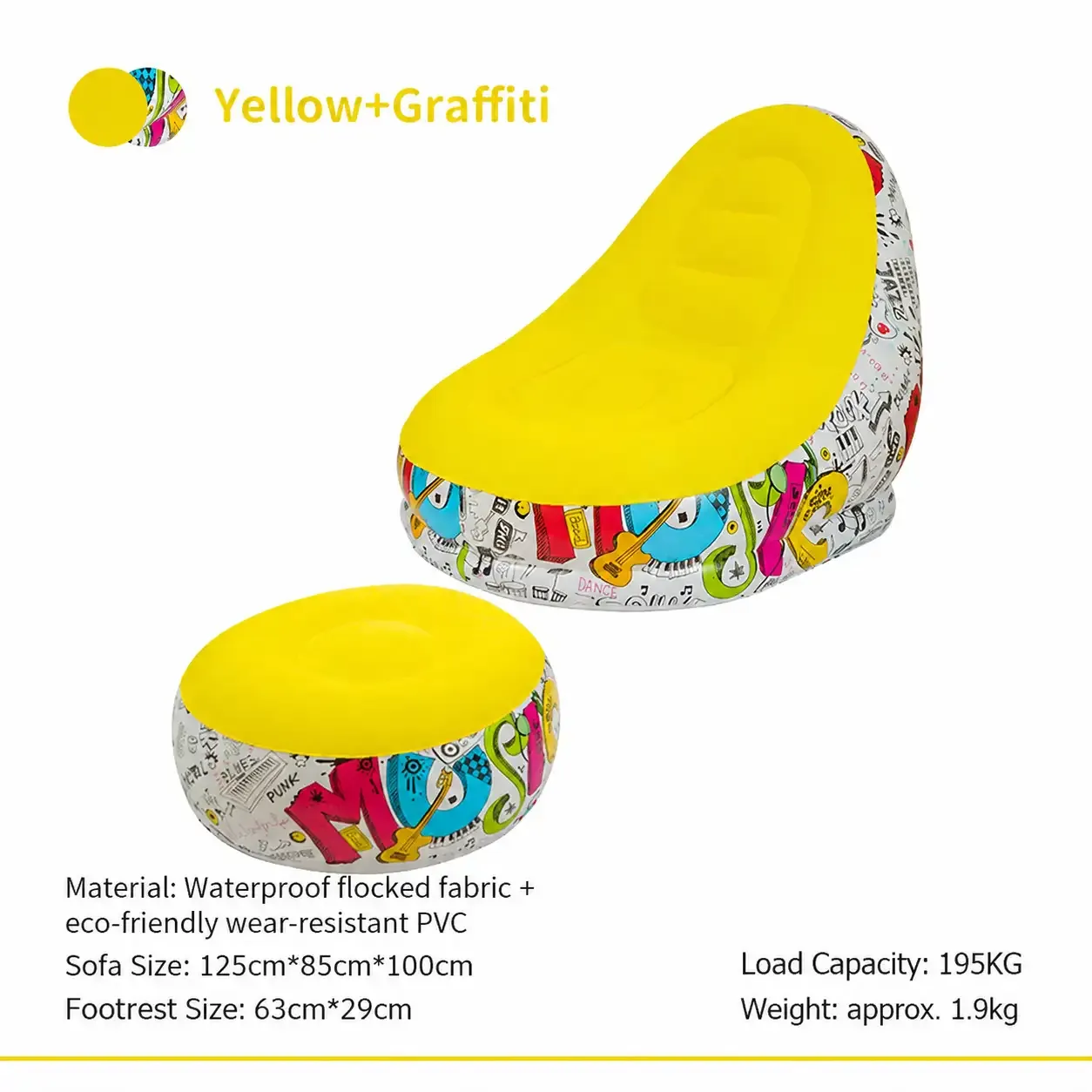 Flocked Inflatable Lazy Sofa Set With Footstool,195KG High Load Ergonomic Sit & Lie PVC Sofa For Camping Backyard Leisure Multi‑Colors
