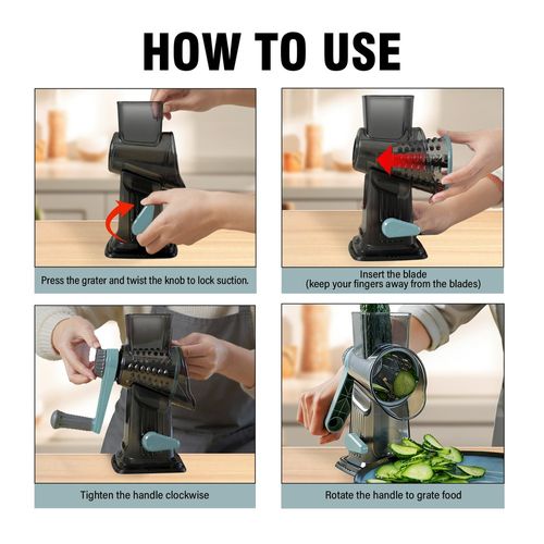 3-in-1 Manual Rotary Grater & Slicer — Hand Crank Vegetable Shredder with 3 Stainless Steel Drums & Suction Base for Salads, Coleslaw, Shito & Jollof Prep — No Power Needed, Transparent Blue