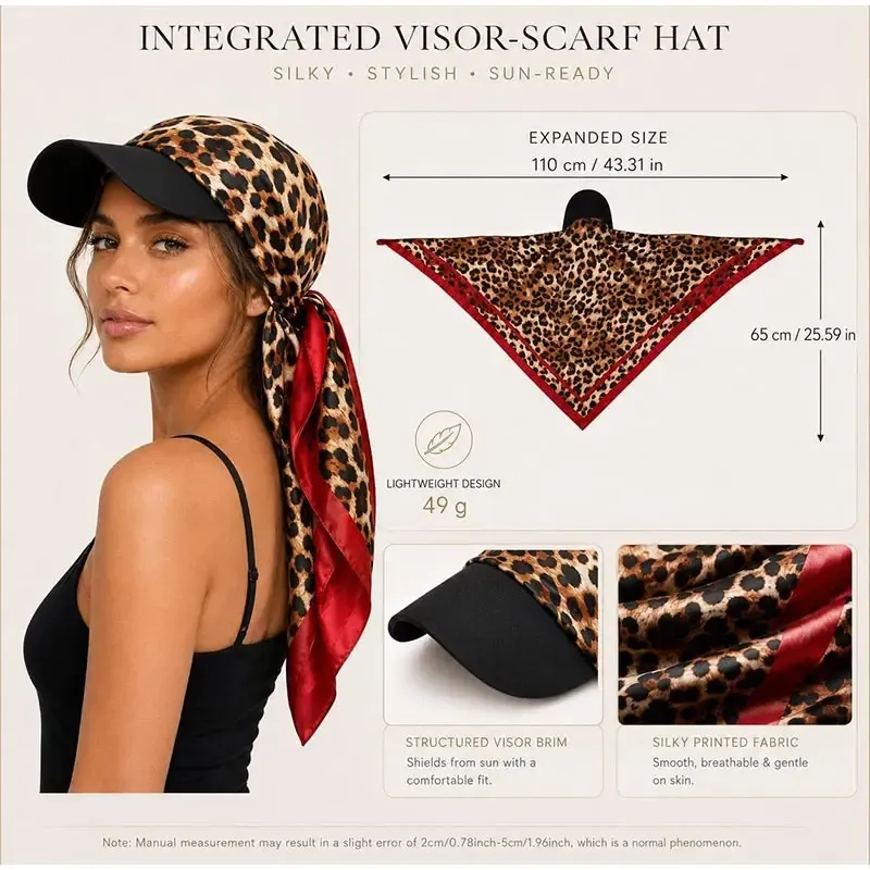 Women Satin Printed Visor Scarf Hat All In One Head Wrap Outdoor Sun Protection Turban For Vacation Driving