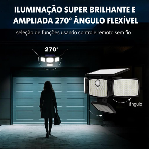 Luz Solar Externa Hoodink 4500LM com 306 LEDs, Luz de Segurança com Controlo Remoto, 4 Cabeças com Sensor de Movimento, IP65 À Prova de Água, Instalação Fácil, Refletor de Parede com Ângulo Amplo de 270° e 3 Modos para Quintal e Jardim