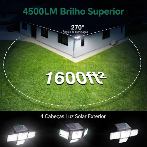 Luz Solar Externa Hoodink 4500LM com 306 LEDs, Luz de Segurança com Controlo Remoto, 4 Cabeças com Sensor de Movimento, IP65 À Prova de Água, Instalação Fácil, Refletor de Parede com Ângulo Amplo de 270° e 3 Modos para Quintal e Jardim