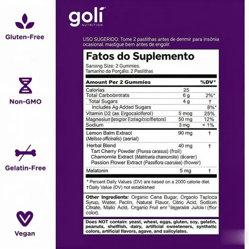 Goma para dormir - Melatonina, Vitamina D, Magnésio, Extrato de Erva-príncipe, Sem gelatina, Sem glúten, Vegan e Não OGM