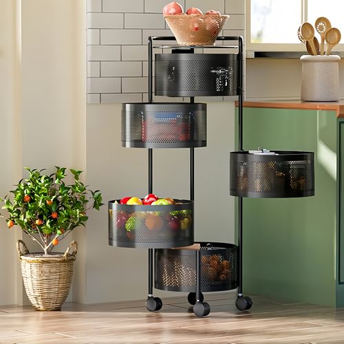 Chariot utilitaire multifonctionnel mobile et étagère de rangement pour cuisine, salle de bain et salon — Organiseur à fruits et légumes en fer forgé noir