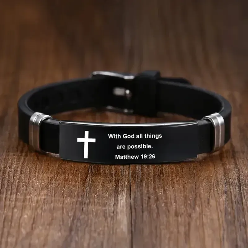 Bracelet Bible réglable en acier inoxydable noir et argent pour homme