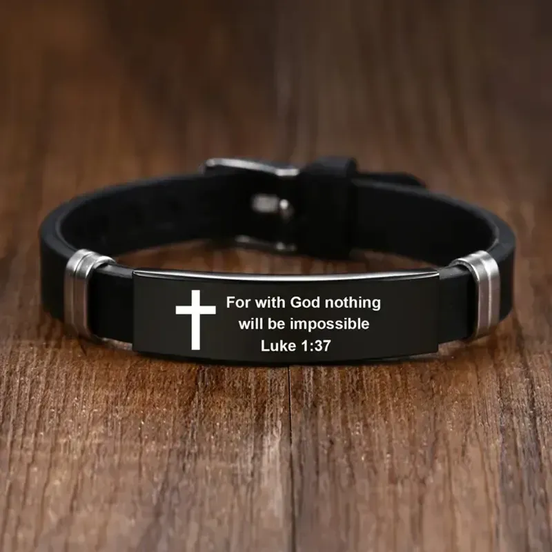 Bracelet Bible réglable en acier inoxydable noir et argent pour homme