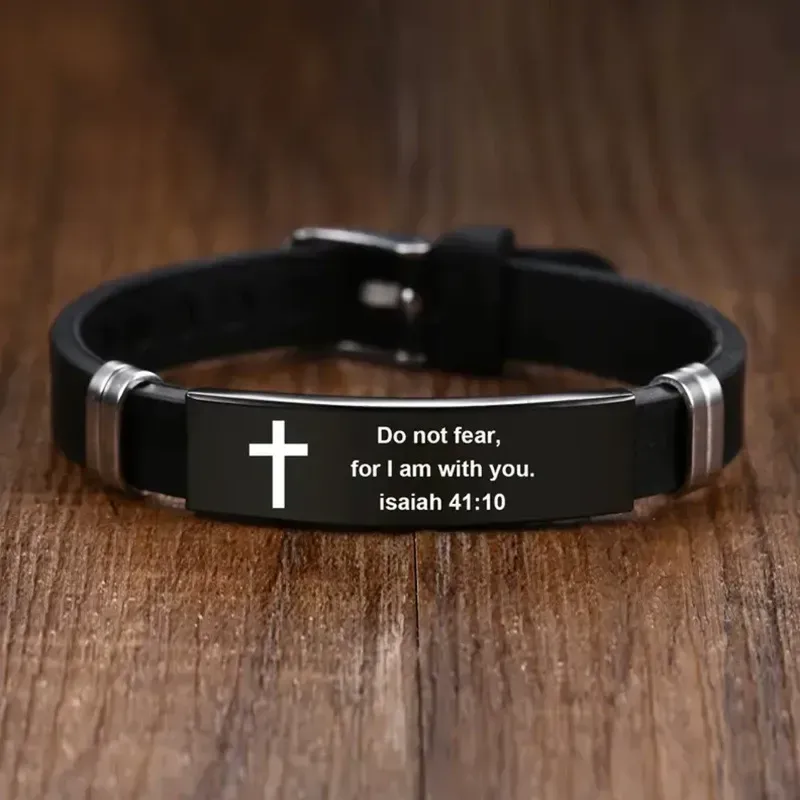 Bracelet Bible réglable en acier inoxydable noir et argent pour homme