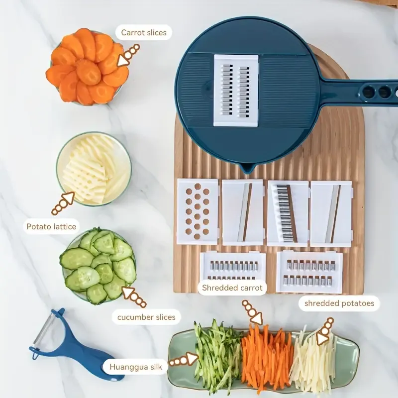 LDQ 12-in-1 Heavy-Duty Manual Food Processor & Vegetable Chopper with Handle, Lock System, BPA-Free Multi-Functional Slicer Shredder Grater Dicer with Container - Easy Clean & Space-Saving Design for Kitchen, Carrots, Potatoes, Onions, Cucumbers, Fruits, Vegetables - Ideal for Home & Use, Compact & Portable, Durable, One-Touch Operation