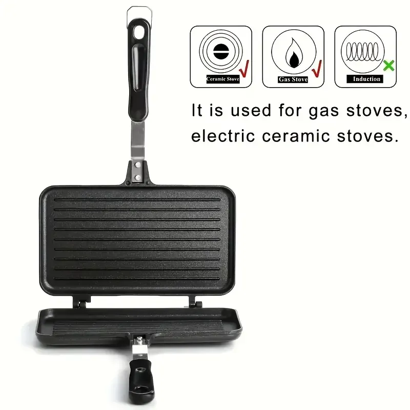 1pc Non-stick Double-sided Frying Pan Sandwich with Handle, Removable Aluminum Alloy Griddle, Double-sided Frying Pan Steak Bread Toast Egg Mold Flip Cover Pot, Suitable for Indoor and Outdoor Home Kitchen, Multifunctional Breakfast Pot suitable for 1-2 people