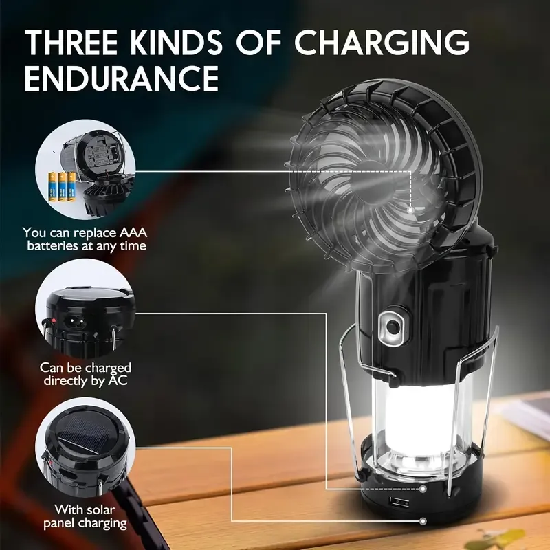 2-In-1 Camping Fan & Light with Solar Charging, Foldable And Hanging Camping Lamp with Three Charging, IPX4 Waterproof Portable for Camping, Mountaineering, Fishing, Emergencies, Everyday Use