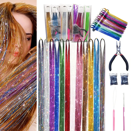 Hair Tinsel Glitter Strands Extensions 12Colores Set
