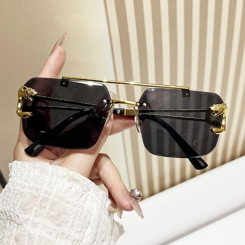 Hot-selling frameless rectangular sunglasses with cut edges, unisex frames, leopard-head double bridge sunglasses, 2025 men's frameless sunglasses.