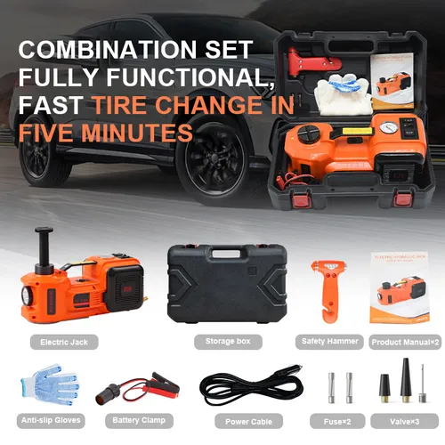 12V Car 3-in-1 Tool! Hydraulic Jack + Air Pump + Tire Changing Kit, a must-have for all car enthusiasts.