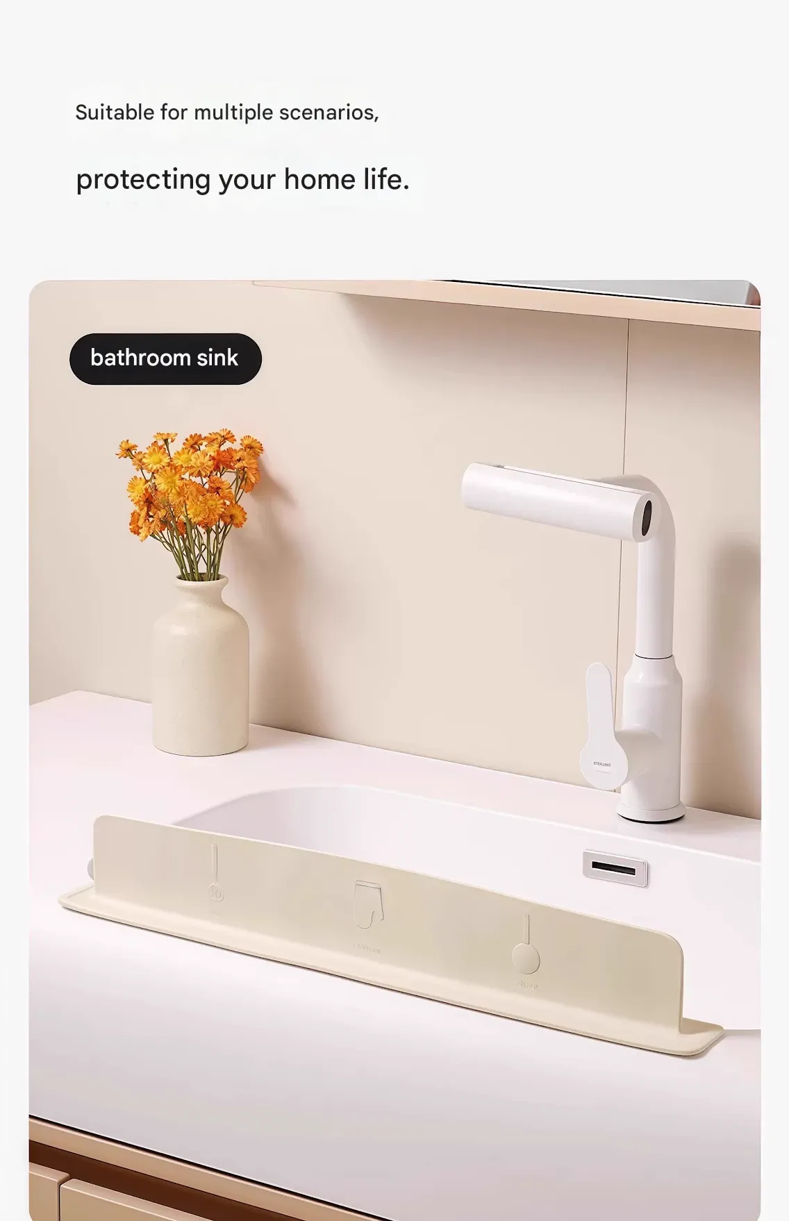 Integrated suction cup sink splash guard for kitchen countertops and bathroom vanities, extended sink splash guard strip