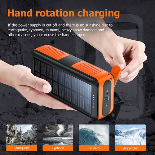 Hand-cranked solar mobile power bank with 4 LED lights (20000 mAh large capacity and long battery life)