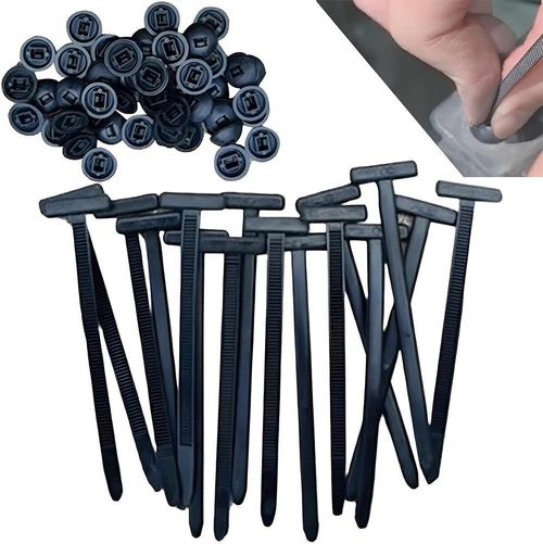 Cable ties, clips, and through-hole nails – multi-functional replacements for screws – for securing car trunks, mudguards, and fenders (100 ties per pack).