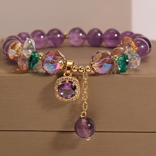 Amethyst bead bracelet, adorned with cubic zirconia