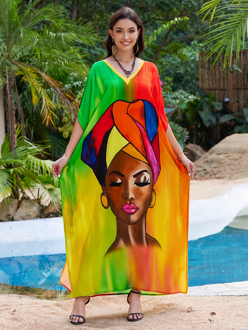 Women's Summer Beach Kaftan Printed Beach Cover-up Robe Bikini Cover-up Jacket
