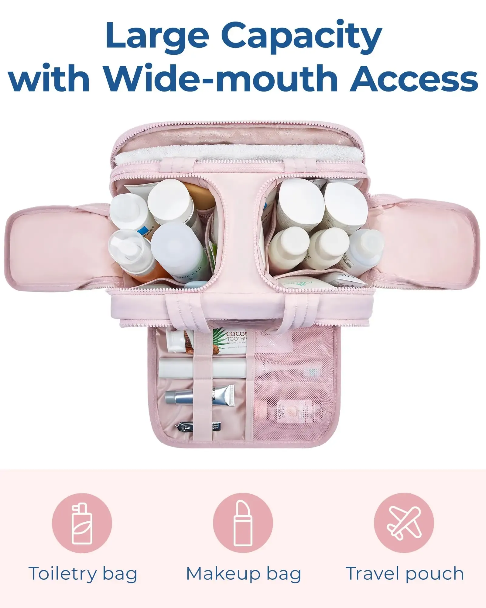 This travel toiletry bag has 4 compartments that perfectly organize your essential travel toiletries and cosmetics.