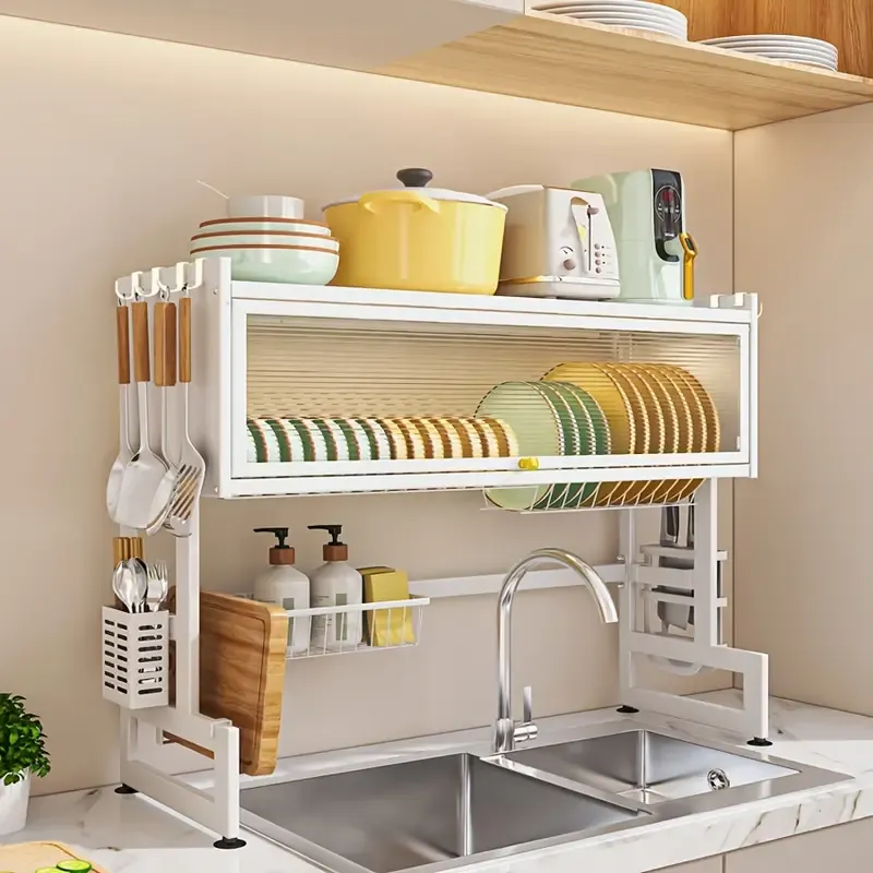 Metal multi-layer drain rack with chopstick holder, suitable for storage rack above kitchen sink