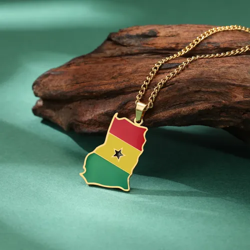 Ghana Map Chain Necklaces Stainless Steel 18K Gold Plated Enamel Ghana National Flag Map Pendant Necklace Cash on delivery, free shipping