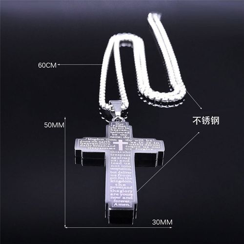 Cross Bible Text Stainless Steel Metal Necklace