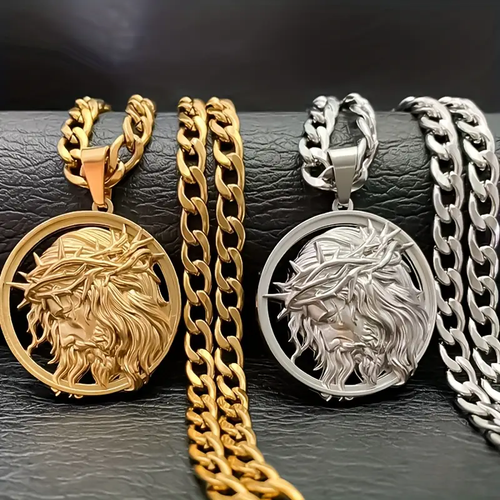 Jesus Crown of thorns Men's Necklace 304 Stainless Steel Golden Color Chain Crucifix Medal Male Neckalces Religious Jewelry