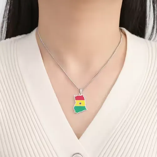 Ghana Map Chain Necklaces Stainless Steel 18K Gold Plated Enamel Ghana National Flag Map Pendant Necklace Cash on delivery, free shipping