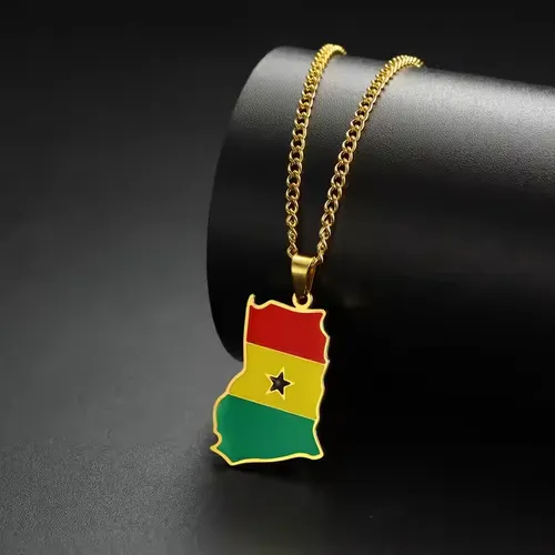 Ghana Map Chain Necklaces Stainless Steel 18K Gold Plated Enamel Ghana National Flag Map Pendant Necklace Cash on delivery, free shipping