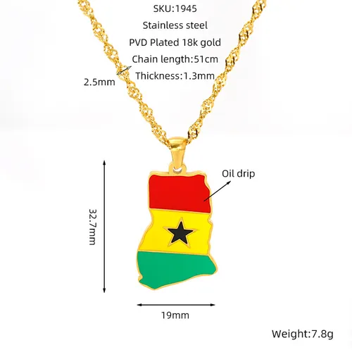 Ghana Map Chain Necklaces Stainless Steel 18K Gold Plated Enamel Ghana National Flag Map Pendant Necklace Cash on delivery, free shipping