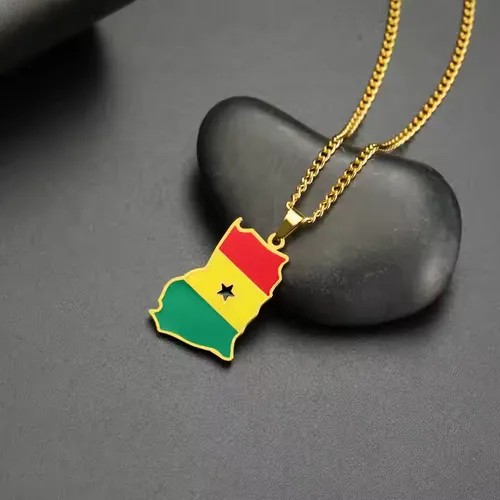 Ghana Map Chain Necklaces Stainless Steel 18K Gold Plated Enamel Ghana National Flag Map Pendant Necklace Cash on delivery, free shipping