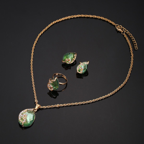 Vintage 4PCS Watch Gift Set Fashion Flower Green Diamond Women Watch Quartz Ladies Watch