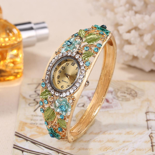 Vintage 4PCS Watch Gift Set Fashion Flower Green Diamond Women Watch Quartz Ladies Watch