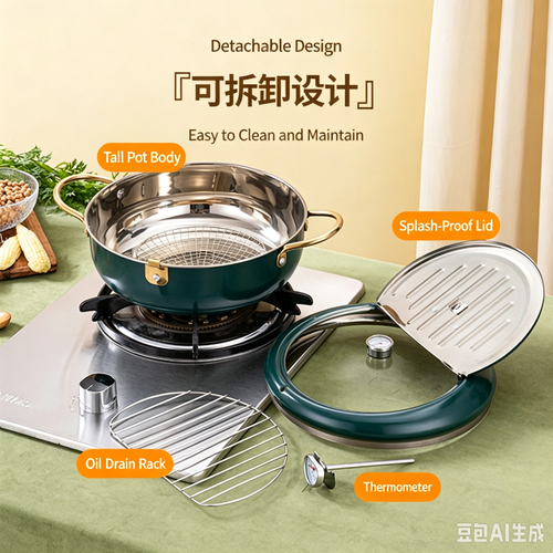 Stainless Steel Japanese Deep Fryer with Lid, Thermostatic Control, Multi-layer Bottom, Universal for All Stovetops, Household Frying Pot