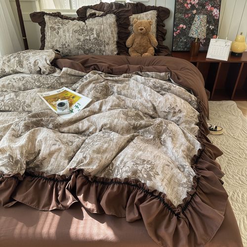 French Hepburn Retro Lace Bedding Set, Linen Texture Soft Bed Sheet & Duvet Cover, Vintage Fringe 4-Piece Bed Linen for Bedroom（180*220））