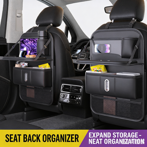 Multi-Function Car Seat Back Storage Bag | Foldable Table, Tissue Box & Trash Bin