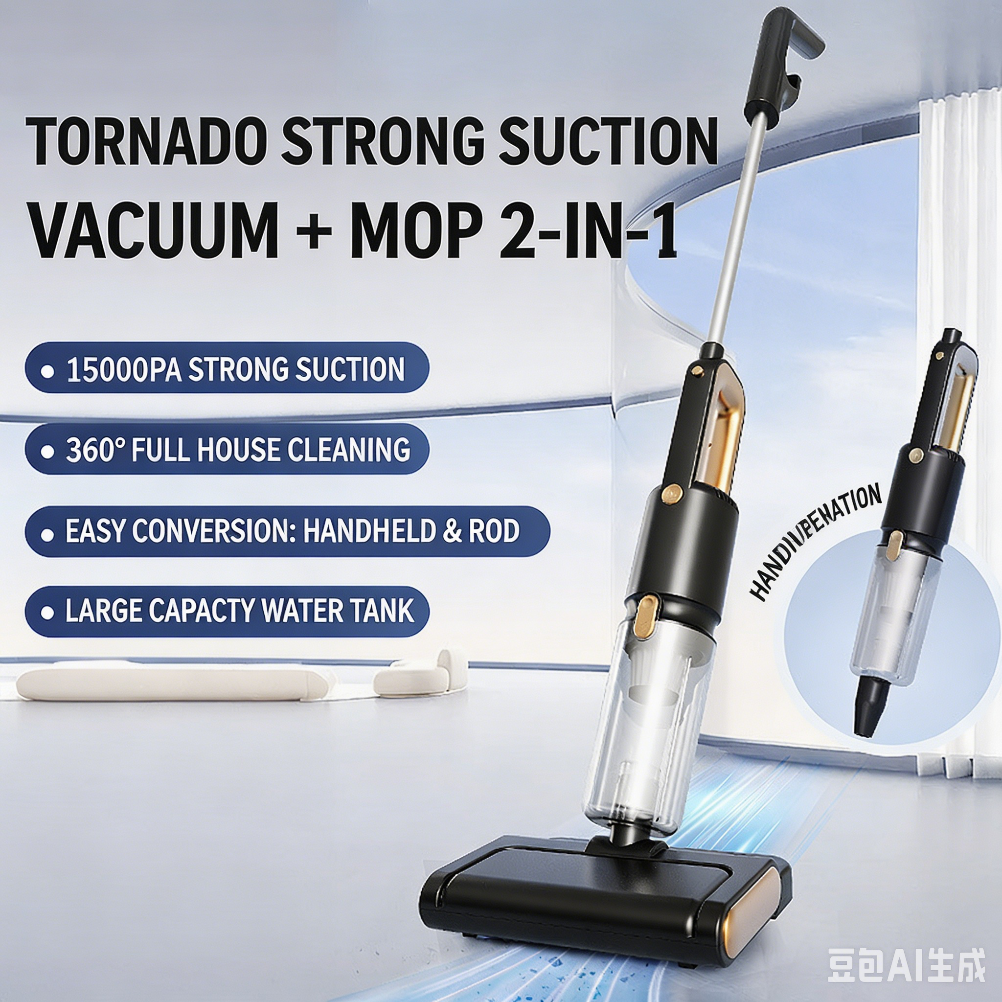 2-in-1 Handheld Vacuum Mop | High Powerful Suction, Sweep, Mop & Mite Clean All In One