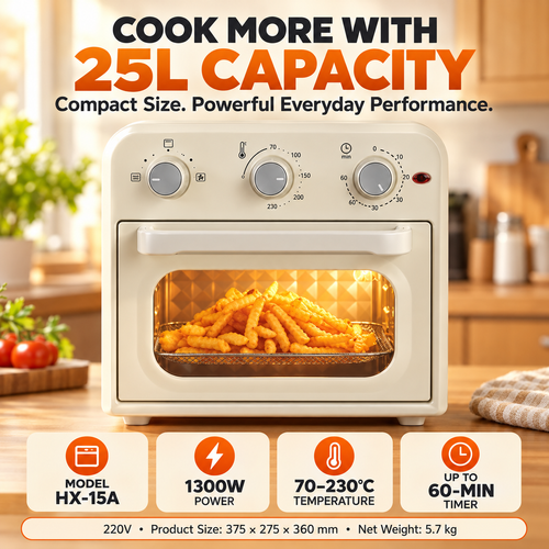 🔥 25L Large Capacity Air Fryer Oven – 1300W Power | Adjustable Temperature | 60-Minute Timer | Perfect for Family Cooking