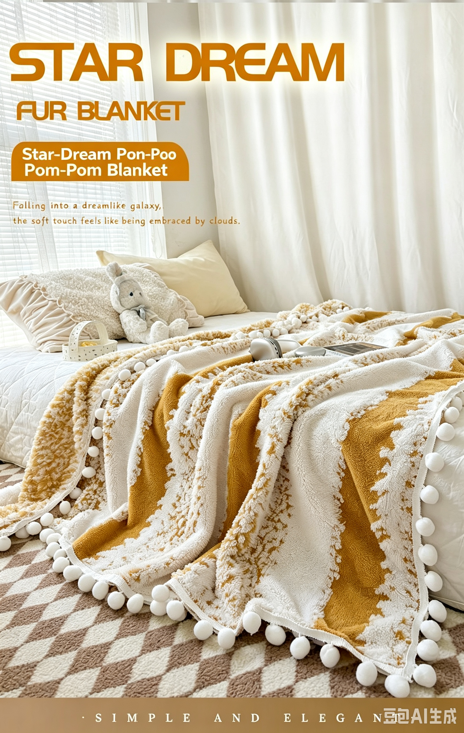 Ins‑Style Pom‑pom Throw Blanket, Cationic Jacquard Soft Fluffy Blanket, Machine Washable Sofa Couch Cover Bed Runner, Lightweight Nap Blanket for Home Decor