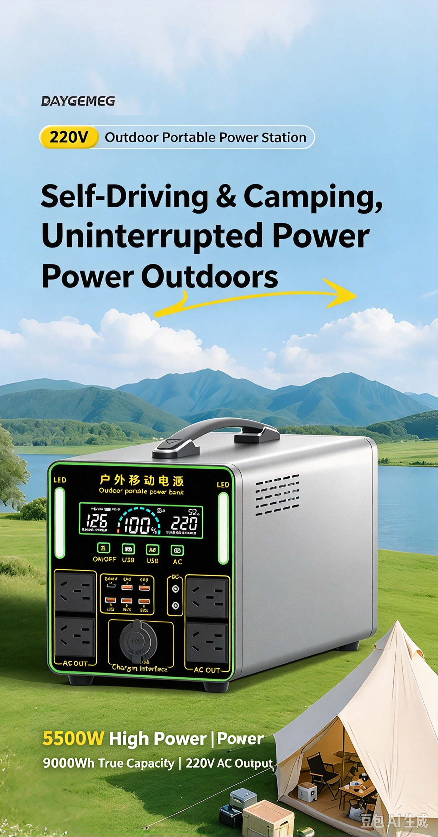 300W Portable Outdoor Power Station, 220V AC Output, Multi USB & Type-C Ports, LCD Display, LED Light, Emergency Backup Power for Camping, Road Trip, Live Streaming