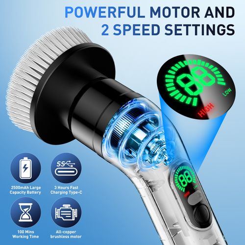 Multifunctional Wireless Electric Cleaning Brush with Digital Display, Telescopic Auto-Cleaning Scrubber for Bathroom & Bathtub, Household Cleaning Tool