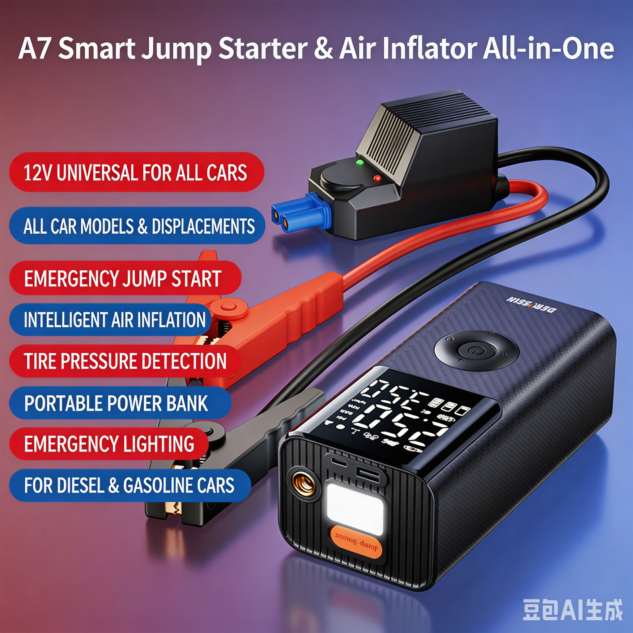 2-in-1 Car Jump Starter with Air Pump, Emergency Vehicle Battery Booster