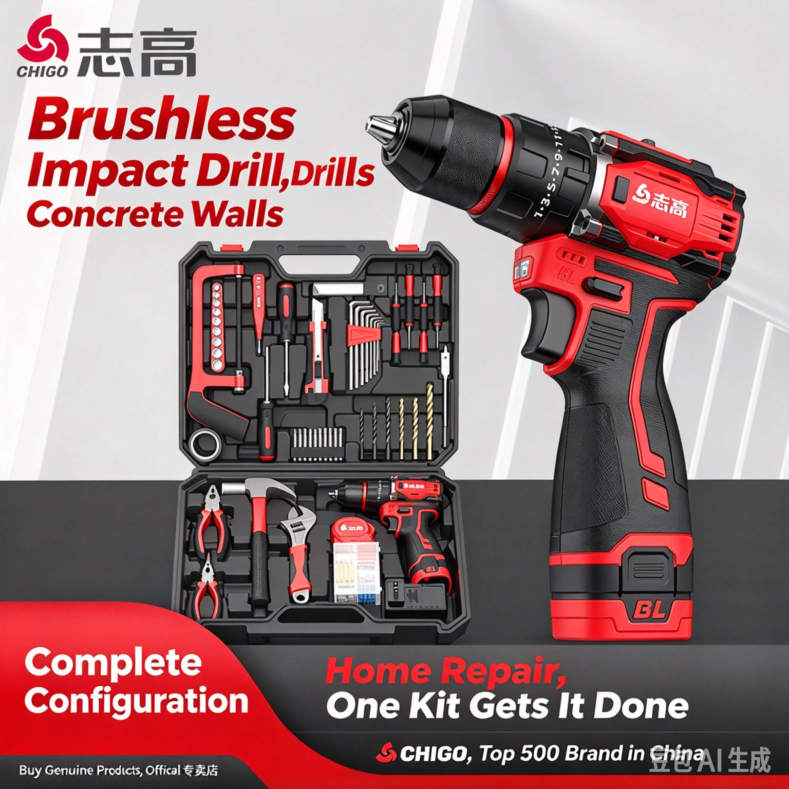 21V Brushless Impact Cordless Drill, Home Repair Power Tool Kit, Electric Screwdriver with 1 Battery & 28pcs Hand Tools, All-in-One Hardware Tool Storage Box