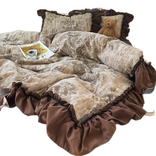French Hepburn Retro Lace Bedding Set, Linen Texture Soft Bed Sheet & Duvet Cover, Vintage Fringe 4-Piece Bed Linen for Bedroom（180*220））