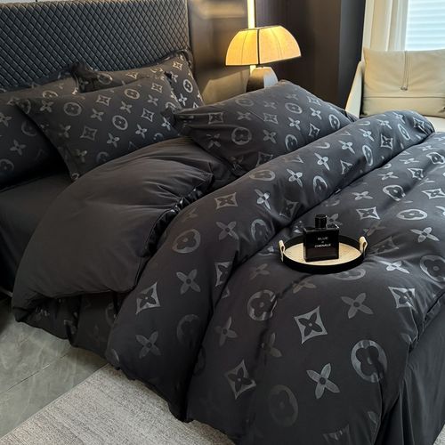 New Black 4-Piece Washed Cotton Bedding Set – Duvet Cover & Sheet Style, Men's Premium Bedding（220*240）