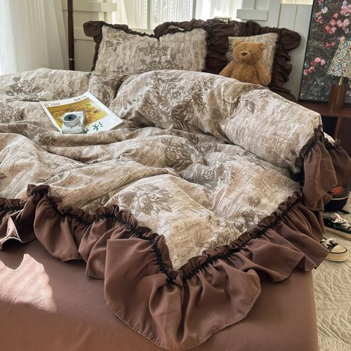 French Hepburn Retro Lace Bedding Set, Linen Texture Soft Bed Sheet & Duvet Cover, Vintage Fringe 4-Piece Bed Linen for Bedroom（180*220））